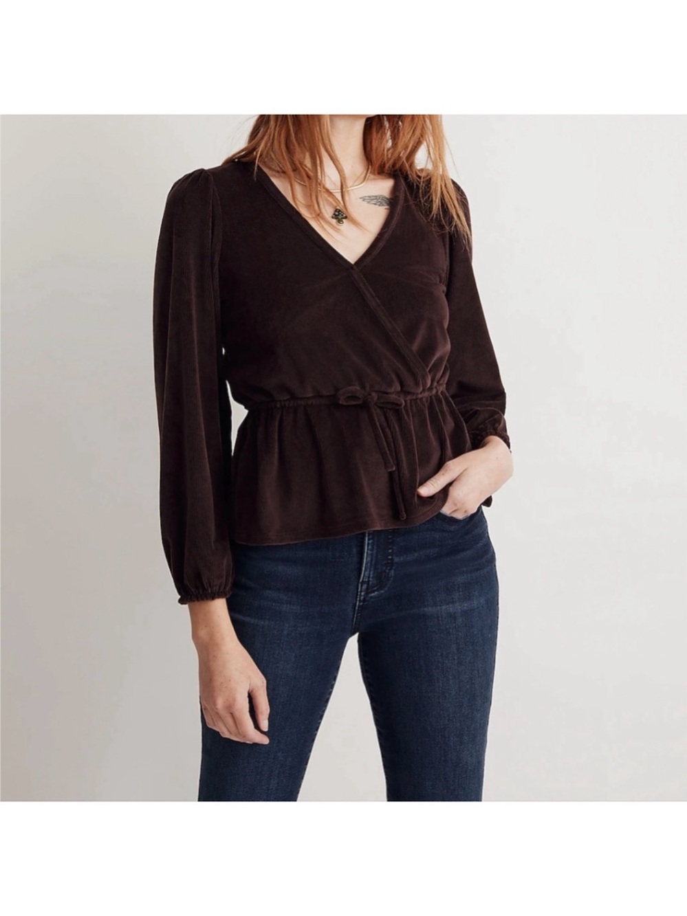 Madewell Ribbed faux Wrap Blouse long sleeve in Purple Small